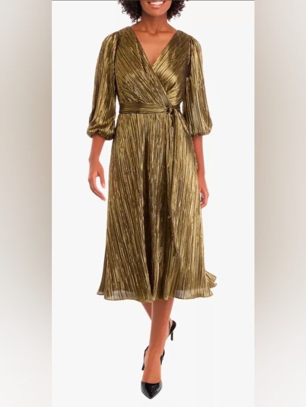 DKNY Metallic Gold Long-Sleeve Wrap Midi Dress